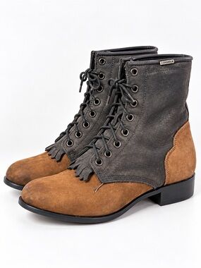 J Chisholm Brown Black Leather Ankle Boots Western Fringe Vintage USA